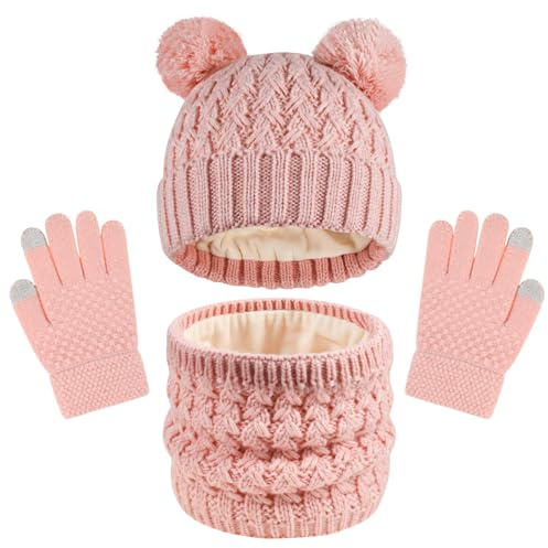 QKURT Enfants Bonnet Bonnet Foulard Gant Ensemble, Enfants Hiver Thermique Cap Cou Plus Chaud Gants d’écran tactile Doux Chaud Chapeau Echarpe Mitaine Coloré pour 5-10 ans