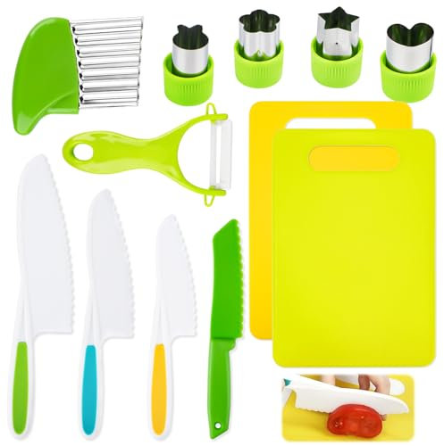 Kindermesser Set 12-Teiliges, Kinder Küchenmesser, Sicherheit Kindermesser ab 2 Jahre, Montessori Messer, Kinder Kochset zum Schneiden und Kochen von Obst oder Gemüse
