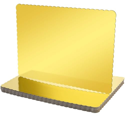 Skyygemm 12 Pack Greaseproof Rectangle Cake Boards Corrugated Single Wall Cake Pad Gold Metallic Half Sheet Cake Board Rectangular Scalloped Rectangle Dessert Base for Cake Pizza Pastry (25 x 17 Inch)