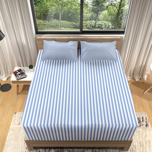 Spannbettlaken 90x200cm Geometrisch Gestreift Blau Spannbettlaken für Topper, Spannbetttücher Mikrofaser bis 30 cm Hohe Bettlaken Set mit 2 Kissenbezügen 80x80cm