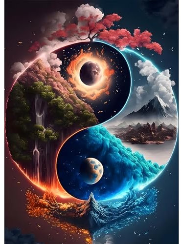 DPHERO Eis und Feuer Diamant Painting Bilder für Erwachsene Anfänger,5D Natur Diamond Painting Set,DIY Strass Bilder Tai Chi Diamant Kunst Kits,Runde Steine Diamant Painting für Zuhause Dekor 30x40 cm