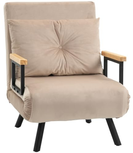 HOMCOM Schlafsessel 4 in 1 Sessel mit Schlaffunktion 183 x 63 cm Beige | Klappbar, 5-stufig Verstellbare Rückenlehne, Lendenkissen, Samtoptik, Wohnzimmer