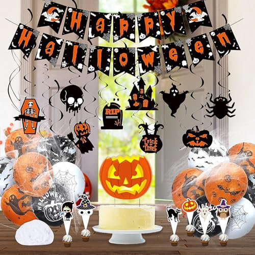 OdiuK Halloween Party Deko Set, 50 Stück Happy Halloween Banner Dekoration Halloween Hängende Spiralen Luftballons Deko Kit, Halloween Girlande Deko für Grusel Halloween Party Horror Deko