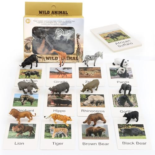 ZOSIGN Safari Tiere Spielfiguren, 12 Stück Safari Tiere Figur Spielzeug mit Flash-Karten, Realistische Wildtiere Spielzeug, Zootiere Figuren, Kreativ Lernspielzeug, für Kinder Jungen und Mädchen