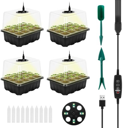RIOGOO Confezione da 4 vassoi per semi con luce di coltivazione, kit di avviamento per semi temporizzati con luminositÃ e umiditÃ regolabili, kit di germinazione in serra (12x4,48 celle)