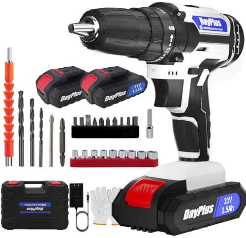 Generic 21V Cordless Drill Driver, 29PCS Drill Bits, 2 X 1500mAh Batteries, 25+1 Torque Setting, 45N.m Max, 2 Variable Speed, LED Light for Home DIY Project (White)