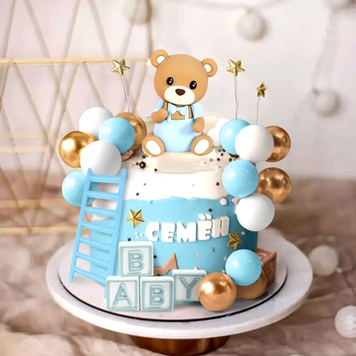 JeVenis Blue Bear Cake Toppers Blue Golden Balls Cake Topper | Bears Cake Decoration Baby Shower Birthday Cake Decorations