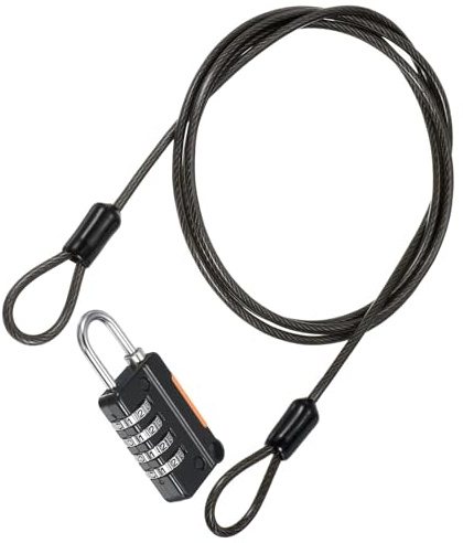 TOP-VIGOR Security Steel Cable with 4 Digit Combination Lock, 3Ft Coated Safety Wire Rope Double Loop Padlock, Flexible Security Cable Luggage Lock for Outdoor Travel Luggage, Black