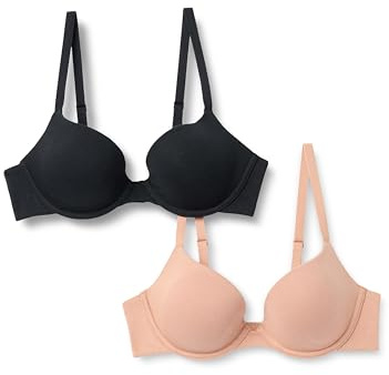 Amazon Essentials Sujetador Plunge con Relleno y Aros, Punto de Algodón Suave Mujer, Paquete de 2, Bronce Lavado/Negro, 95C