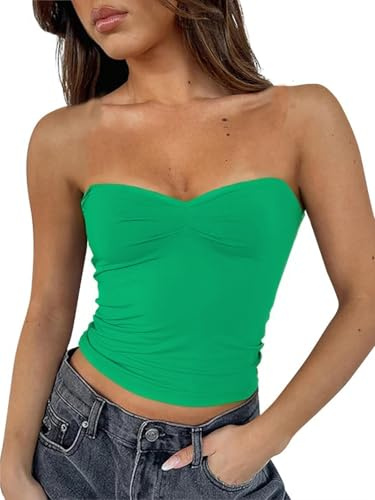 FOFAINWE Hauts tube sexy sans bretelles pour femme - Dos nu - Bandeau sans manches - Basique - Pour sortir - Tops - Débardeur d'été, vert, M