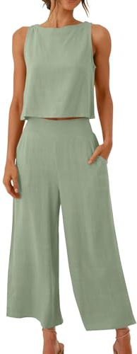 Conjuntos de 2 piezas para mujer, de algodón y lino, sin mangas, con tops cortos y pantalones de pierna ancha, coordinados, para el verano, ropa de estar en casa, conjuntos de lino para mujer, casual