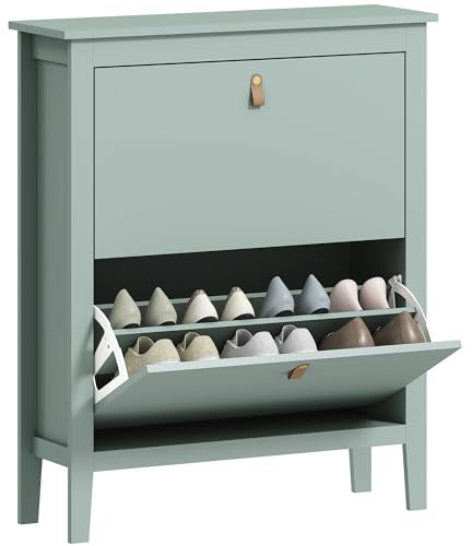 HOMCOM 2 Drawer Shoe Cabinet Flip Doors 14 Pairs 80 x 24 x 95.5 cm Green | Narrow Shoe Storage Cabinet, Removable and Adjustable Shelves, Footwear Cupboard, Hallway, Entryway