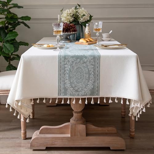 Pahajim Tischdecke Rechteckige Baumwolle Leinen Tischtuch mit Quasten Abwaschbare Tischdecken Wasserdicht Kratzfest für Wohnzimmer, Esszimmer, Balkon, Garten (Weiß,140x180)