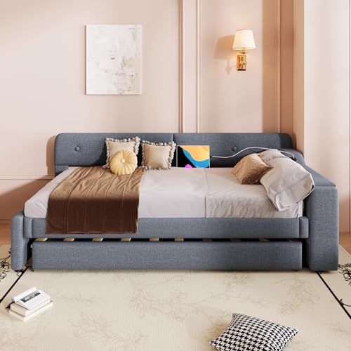FAYICIC Schlafsofa, Daybett, Tagesbett,90x200cm, Schlafsofa mit Lattenrost (ohne Matratze), mit ausziehbarem Ausziehbett mit Klappstaufach, USB+Type-c, Leinen (Grau)
