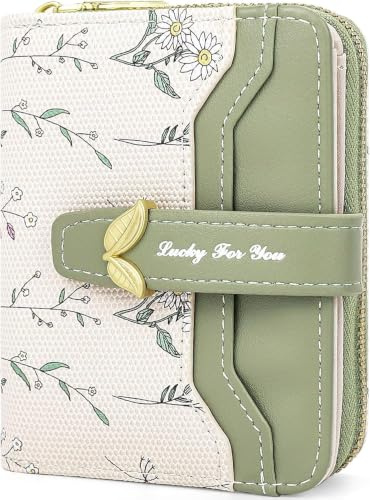 Farcauo Damen Portemonnaie Geldbörsen Frauen Kleine mit Grün Blumen Design für Frauen Klein Geldbörsen Damen mit Ausweisfach und Kartenhüllen