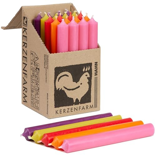 Kerzenfarm Hahn Stabkerzen Bunt Kerzenset 25 Stück, 180mm x 22mm, Durchgefärbte Spitzkerzen (Blumen-Farbmix)