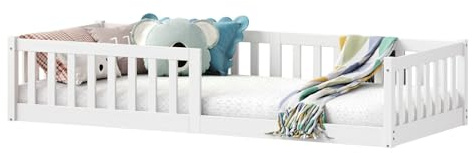 IDIMEX Bodenbett Gustavo mit Lattenrost und Rausfallschutz 90 x 190, Weiß – Montessori Kinderbett aus Massivholz, bodentiefes Einzelbett, sicherer Einstieg für Kinder, wechselseitiger Rausfallschutz