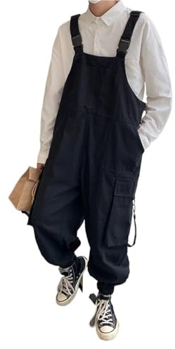 AMEEDA Salopette Uomo Jeans Pantaloni da Tuta con Bretelle, Uomo, Estivi, Spalline Larghe, Casual, Tasche, Unisex, Oversize, Stile Streetwear, Tinta Unita(Black,XXXL)