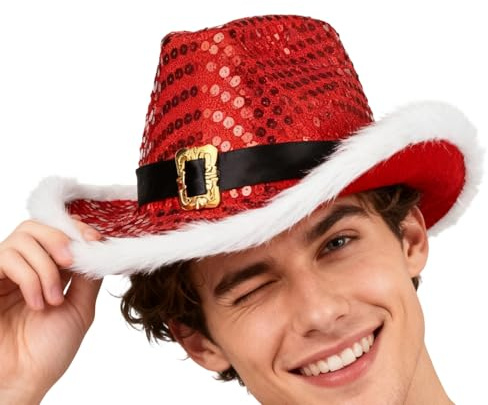 Weihnachtsmann-Cowboyhut – rotes Filz-Kostüm-Accessoire mit Pailletten, 38 x 29 x 11 cm, für Damen und Herren, Urlaub, Party, Versammlungen, Feiern und Outdoor-Sportveranstaltungen