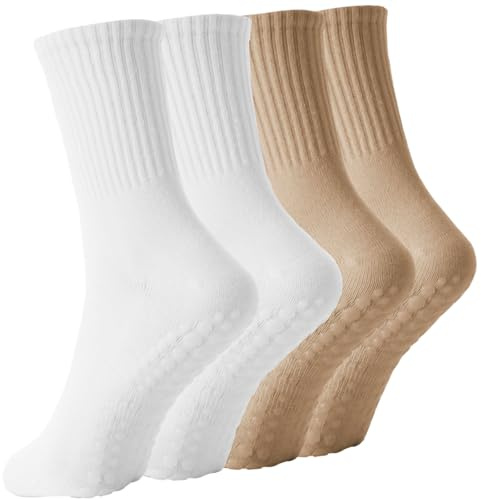 Yikki Lot de 4 Paires de Chaussettes Antidérapantes pour Femme | Idéales pour la danse, le fitness, la gym, le ballet, le trampoline, la maison et l'hôpital, taille unique