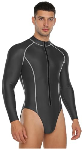 Lpdshaa Men's Glossy Bodysuit Mock Neck Long Sleeve Front Zipper Leotard Jumpsuit Rash Guard Grey X-Large
