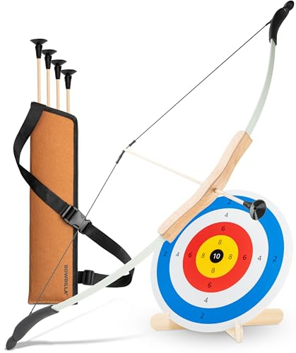 BOWRILLA® Arco e Frecce per Bambini in Legno - Gioco Bambino 5 Anni e più con 10 Frecce, Faretra, 3 Bersagli e Borsa