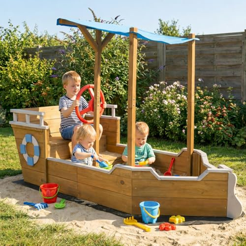 Wooden Kids Sandbox, Ship-Shape Sand Box Toy Box with Bench Seat & Hidden Storage Space, Outdoor Playset, Sand Box Sensory Table for Kids Ages 3-8