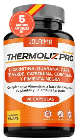 JOLAIMA Termogénico Natural con L-Carnitina 1600mg, Cafeína 344mg y Té Verde EGCG, 90 Cápsulas, Energía y Concentración para Deportistas, Vegano, Fabricado en España