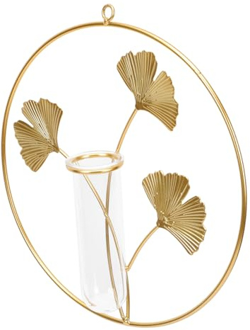 Hemobllo Wall-mounted Hydroponic Plant Vase Pendant, round Gold Metal Wall Decor, Living Room Home Hanging Flower Container for Indoor Botanical Display,