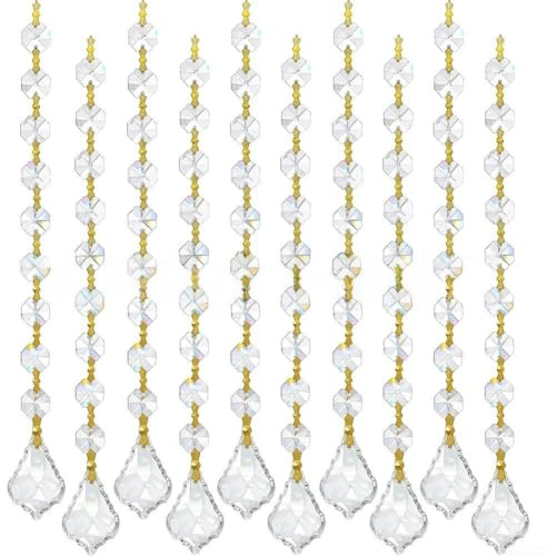 PureBowlic 10 pezzi oro a goccia per perline di vetro di cristallo per lampadario ghirlanda fili, catene decorative da appendere con corda per festa di nozze decorazione casa finestra 25 cm