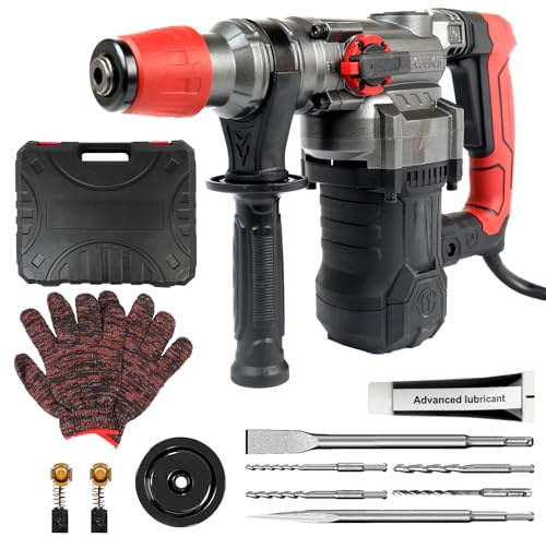 Rotary Hammer Drill with Vibration Control and Safety Clutch,1500W Heavy Duty 1-1/4 Inch SDS-Plus Demolition Hammer for Concrete with 4 Drill Bits, Flat and Point Chisel