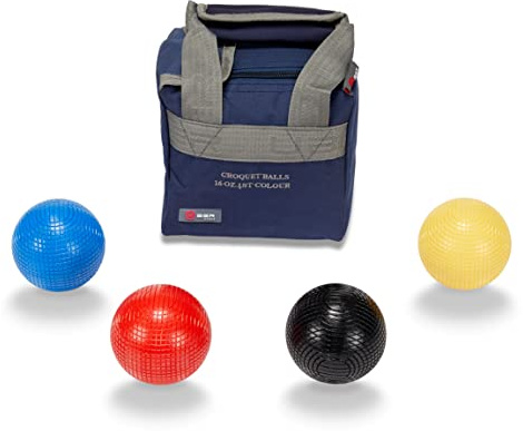 Uber Games 16oz Composite Croquet Balls Set of 4 - Regulation Size 3 5/8 Diameter, Black, Red, Blue & Yellow, Durable Plastic, Canvas Storage Bag, Suitable for Garden & Competitive Play