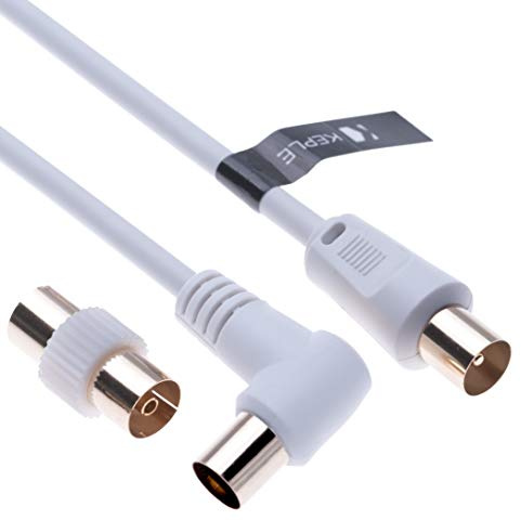 Keple TV Aerial Cable 5m, Coaxial Extension Lead with Male Connector and Female Adapter for TV Box, Coax Ariel Antenna, Satellite, Freeview, Freesat, DVB-T, IEC, PAL, RF In (White Angled)