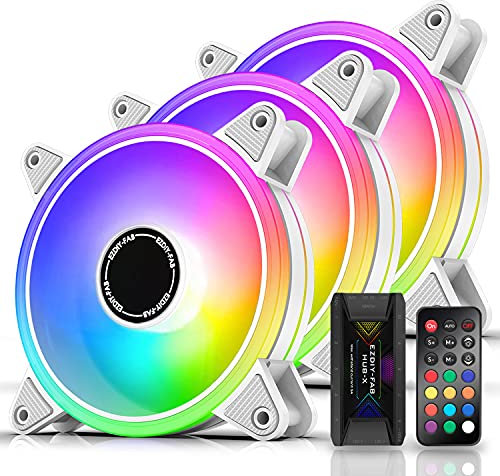 EZDIY-FAB Weiß Moonlight RGB Gehäuselüfter 120mm mit Lüfter Hub X und Fernbedienung,5V 3Pin RGB Motherboard Sync,ARGB Lüfter für PC Gehäuse -3 Pack