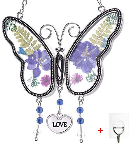 Laraine Acchiappasole a farfalla con ali di fiori pressati, per festa della mamma, festa della mamma, farfalla, in vetro, ornamento con cuore in metallo, regalo per mamma, nonna, zia, compleanno