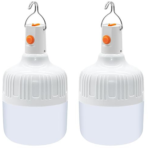 Ledeak 2 Pcs Camping Light, LED USB Rechargeable Camping Lantern Battery Powered Outdoor Tent Lamp with Hanging Hook, Dimmable 3 Modes Portable Light Bulb for Emergency Camping Patio Garden Gazebo