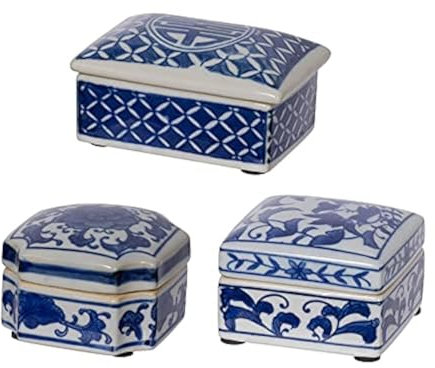 A&B Home Decorative Porcelain Box with Lid Blue and White Set of 3 Glazed Ceramic Hand Painted Jars Centerpiece Asian Decoration