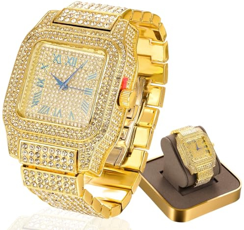 HALUKAKAH Reloj de Diamante Moissanita para Hombre - Chapado en Oro Real 18k,Cuarzo Suizo Esfera Cuadrada Números Romanos,200G Hecho Pesado,3 Lados Iced out,Correa 22cm - Caja de Regalo Incluida
