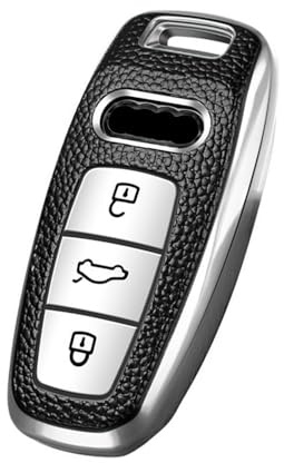 HIBEYO Schlüsselhülle Geeignet für Audi,Autoschlüssel Hülle für Audi 2019 2020 2021 A6 A6L A7 E-Tron A8 Q8 TPU Silicone Leather Texture Schutzhülle Smart Keyless Entry 3 Tasten (Silber-Leder)
