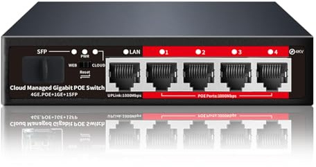Poe Switch, 5 Port Gigabit PoE+ Switch, Cloud Managed Gigabit Ethernet Switch, 4 Poe Ports @52W, 1 Uplink Ports, 1 SFP Slot, APP Smart Managed, Overload Protection w/ Port