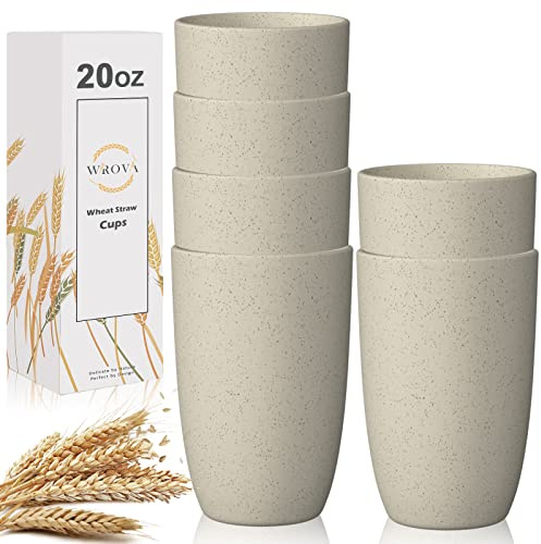 Wrova Wheat Straw Cups 6 PCS Good Alternative to Plastic Reusable Cups 20 oz Unbreakable Drinking Cup Reusable Dishwasher Safe Water Plastic Glasses Beige