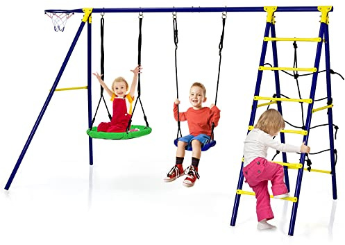 COSTWAY 5 en 1 Balançoire Enfants Extérieur avec Panier de Basket, Balançoire Nid d'Oiseau Ø66 cm et en U avec Hauteur Réglable, Filet & Echelle d’Escalade, Charge 75kg pour 3-12 Ans