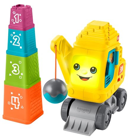 Fisher-Price Baby & Toddler Learning Toy Count & Stack Crane with Blocks, Lights, Music & Sounds for Infants Ages 9+ Months, English, UK + French + German, Version, HXF48