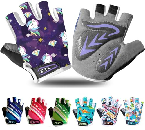 Kids Cycling Gloves Half Finger Gel Padded Non-Slip Breathable, Junior Glove Girls Boys Fingerless Adjustable for Mountain Bike Running Riding Sport Outdoor Biking Skating (Purple, Medium)