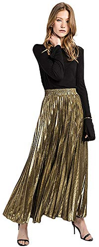 MilyaDE Damen Lang A-Linie Plisseerock Maxi Faltenrock Blingbling