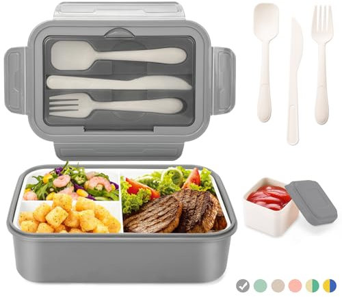 LUZOON Lunch Box,1400ml Bento Box con 3 Scomparti e Posate per Adulti, Porta Pranzo con Posate e Scatola Per Salse,Senza BPA,Sicuri per Microonde e Lavastoviglie (Grigio+Sauce Box)