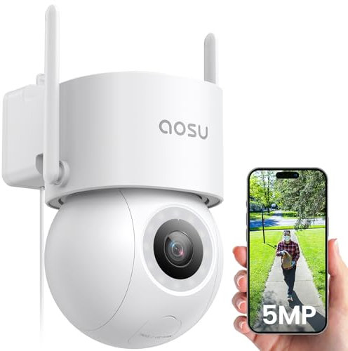 AOSU 3K 5MP Überwachungskamera Aussen,Kabel WLAN Kamera Outdoor Überwachung außen Mit 400Lm Spotlight Full Color Nachtsicht 360° PTZ Ansicht IP Kamera Outdoor, 24/7 Aufzeichnung, Fahrzeugschutz