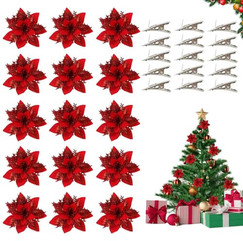FainFun Fleurs de Poinsettia de Paillettes de Noël, 15 Pièces 14 * 14CM Fleur Poinsettia Deco de Noel Rouge Or Argent, Simulation pour Sapin, pour la Décoration de Noël, Mariage, Fête (15, Rouge)