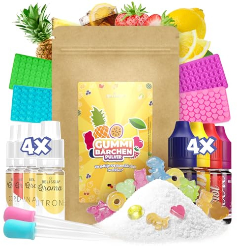 Belissia Gummibärchen zum Selbermachen - DIY Set für Kinder - ca. 1 kg bunte Gummibärchen mit Aroma - Geschenkidee für Kindergeburtstag, Geburtstag & Weihnachten - inkl. 4 Aromen, 4 Farben & Formen