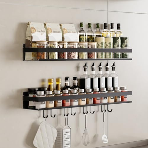devesanter spice rack wall, 2 pack with 8 hooks, hanging spice rack, kitchen shelf no drilling required, hanging wall shelf for kitchen and bathroom organizer, (black, 60 cm)